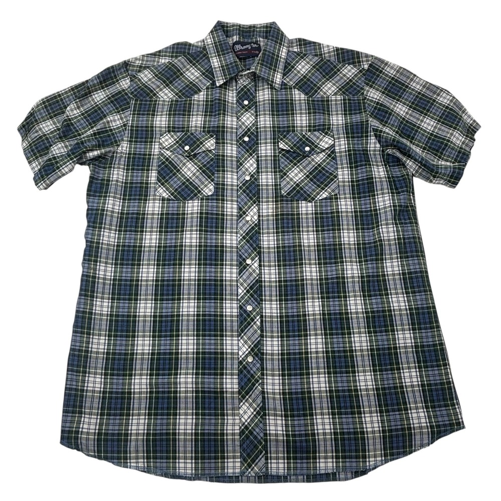 Wrangler Western Plaid Shirt Mens XL Long Tails 17.5 Short Sleeve Snap Front - Picture 10 of 12